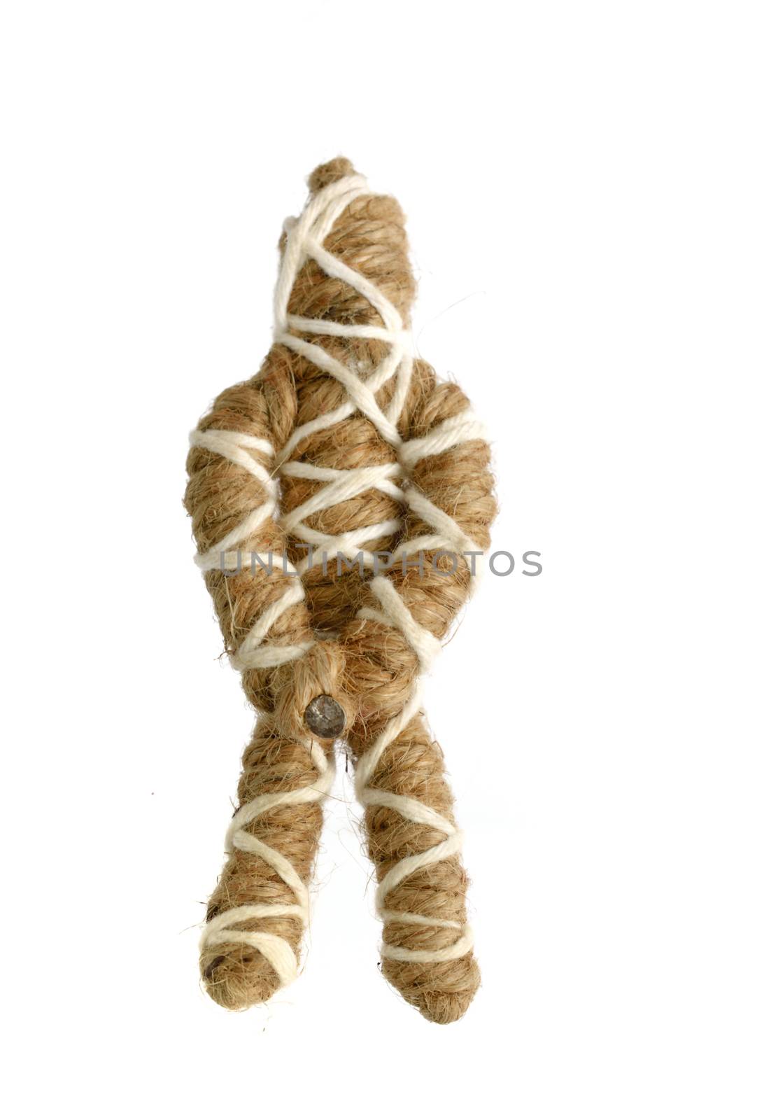 rope voodoo doll with pin isolated on white