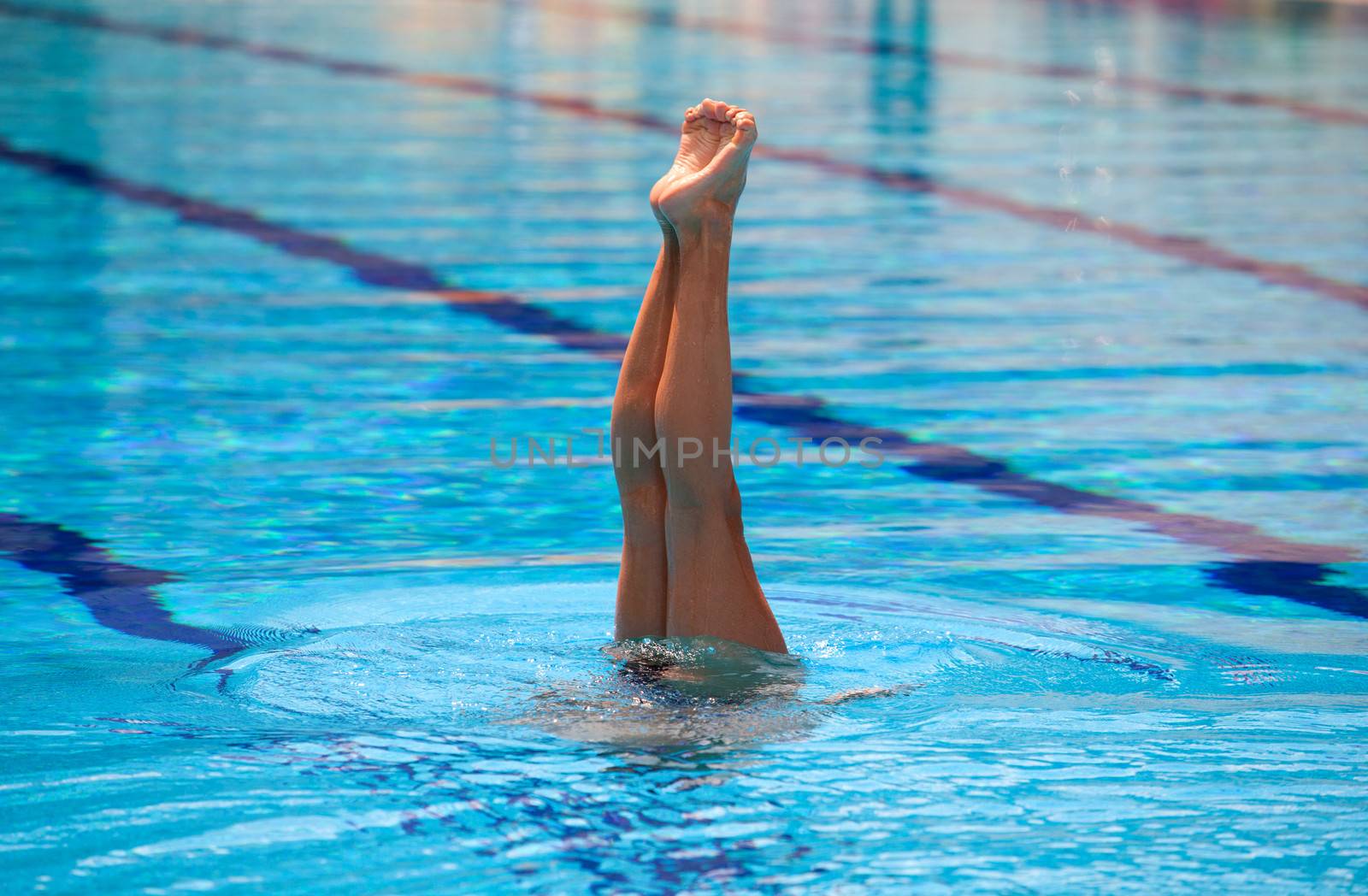 Synchronized swimmers legs point up out of the water in action