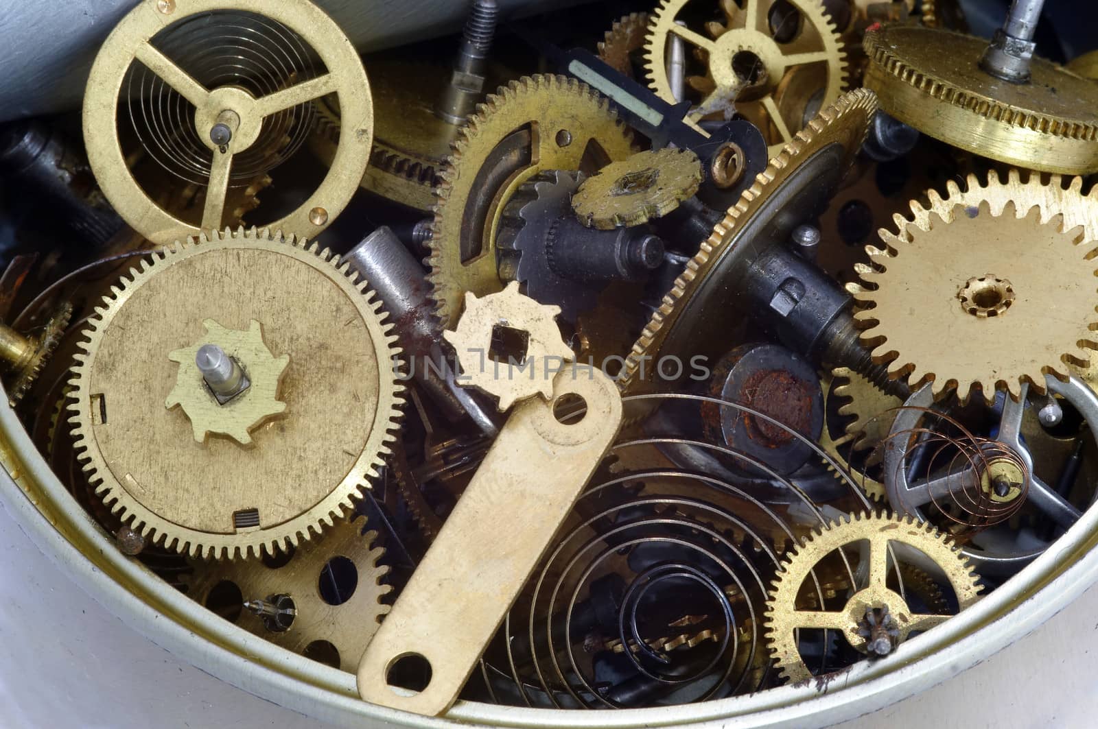 Detail (close-up) of the parts of clockwork mechanism in the can - canned time