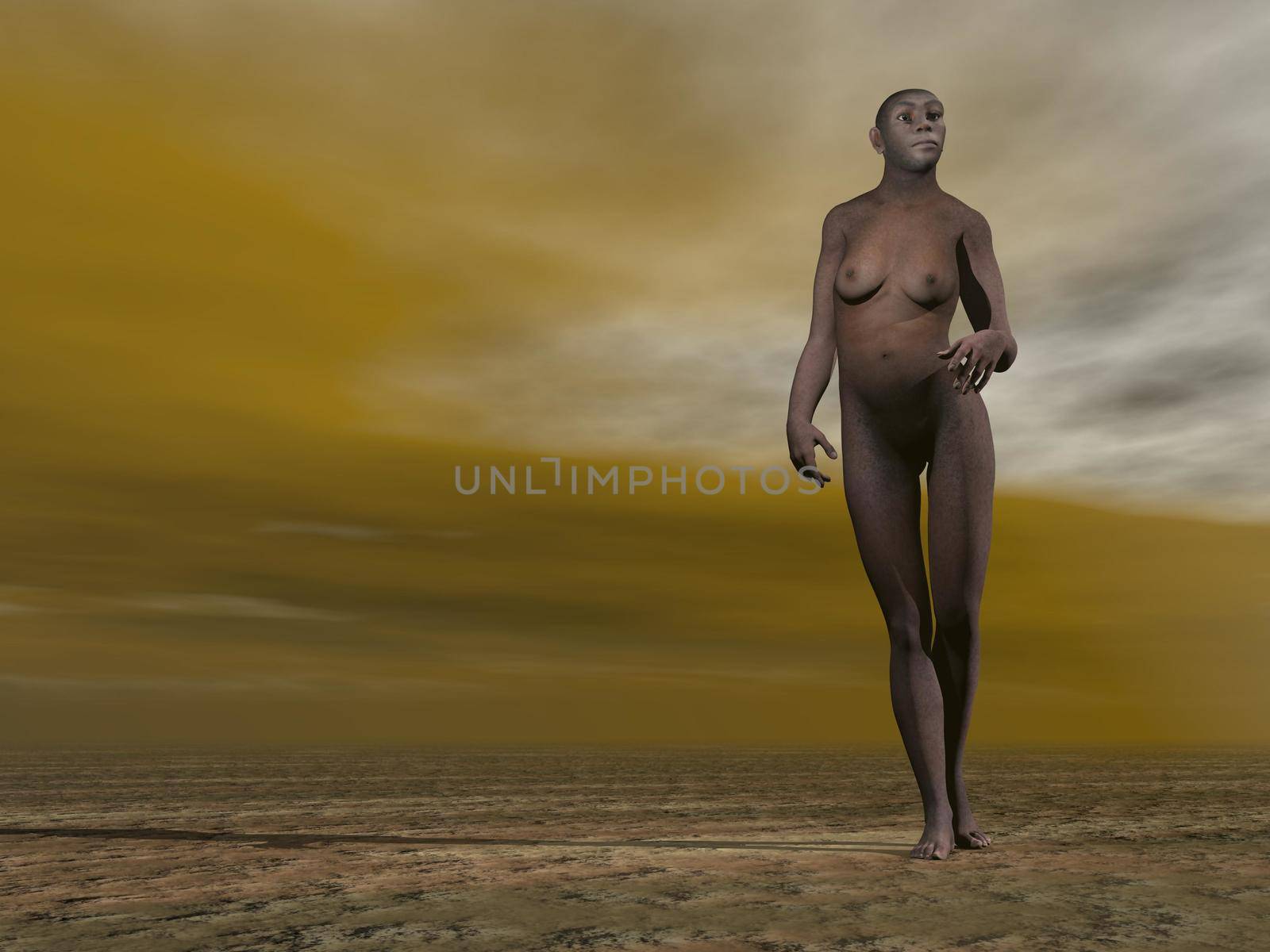 One female homo erectus standing on the ground by grey and brown cloudy day