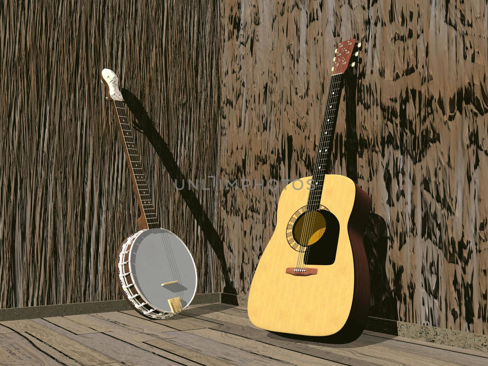 One banjo and guitar in a room of brown wood