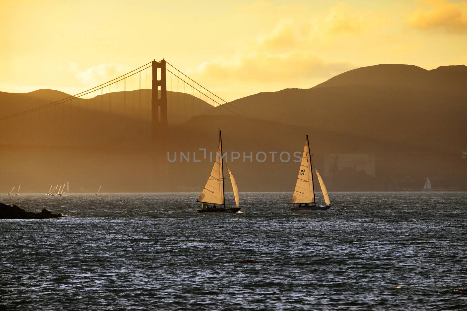 Golden Gate Bridge Skyline with tanker silhouette in San Francisco, USA