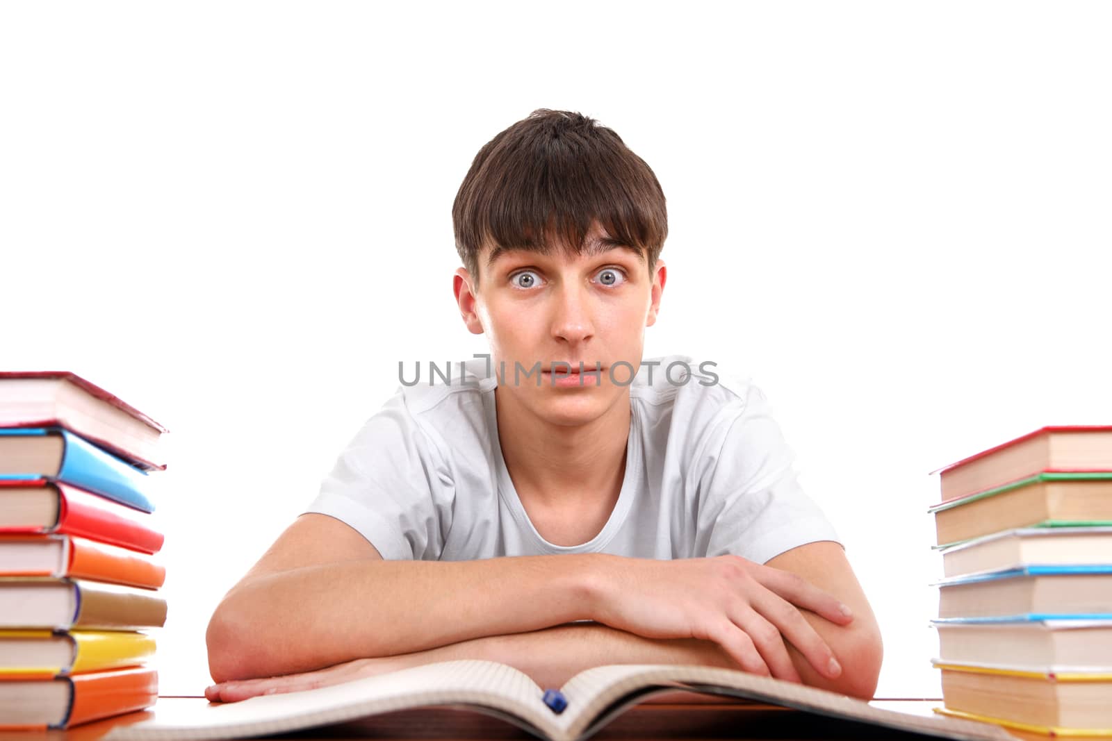 Student on the School Desk Isolated On the White Background