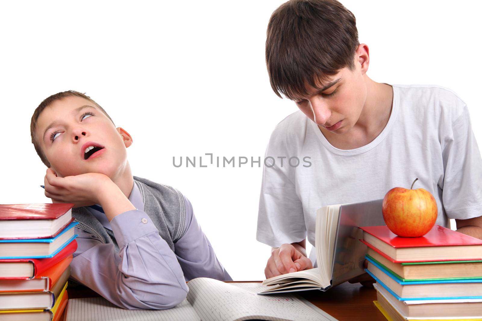 Teacher with Annoyed Kid on the School Desk on the white background