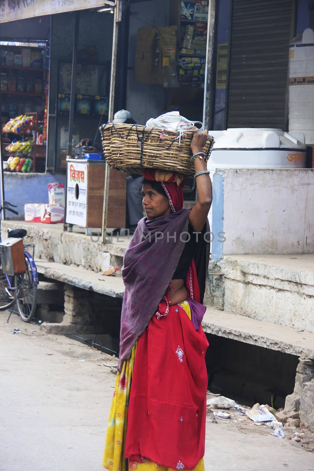 Indian woman carrying basket on her head, Bundi, Rajasthan, India