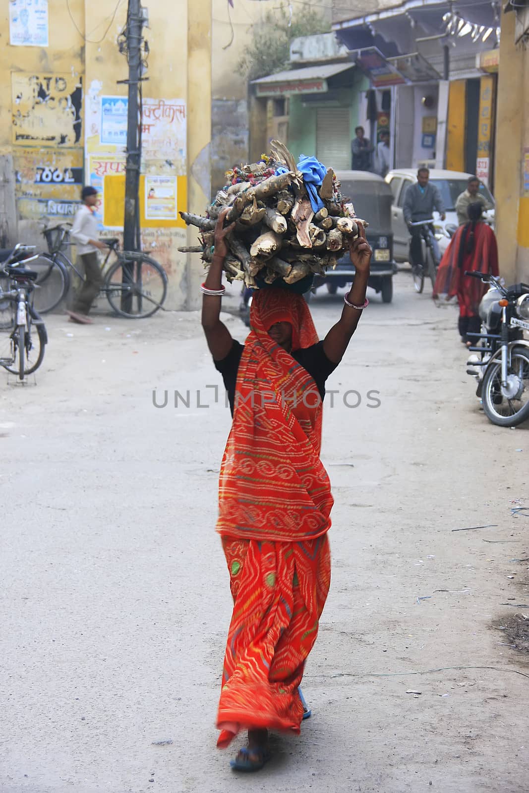 Indian woman carrying wood on her head, Bundi, India by donya_nedomam