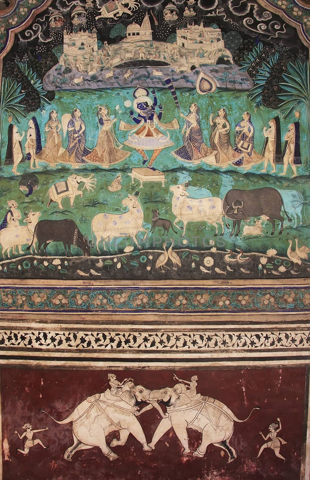 Colorful wall paintings in Chitrashala, Bundi Palace, Rajasthan, India