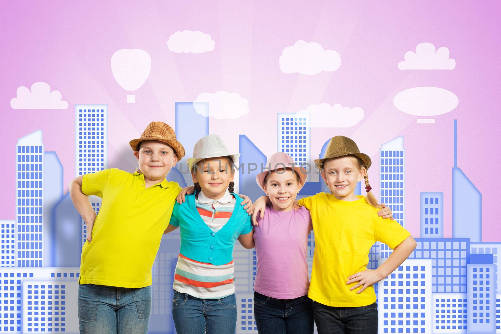 children in a row, wearing a hat by adam121