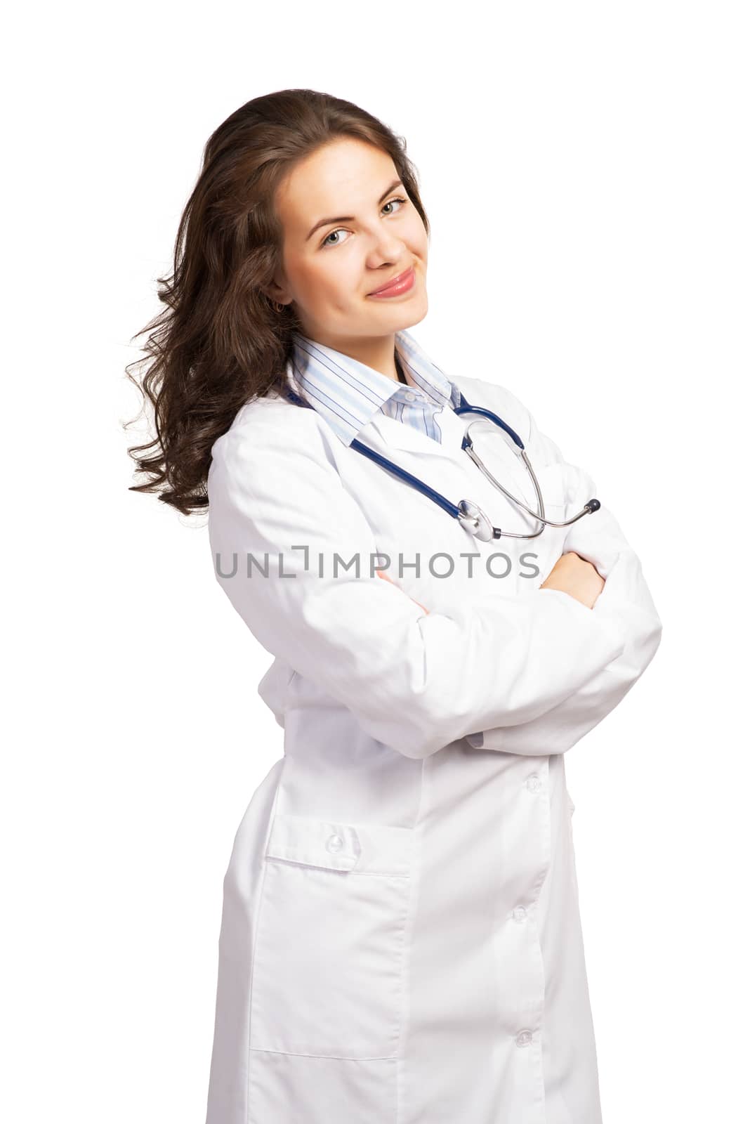 woman doctor, crossed her arms and smiles, isolated on white background