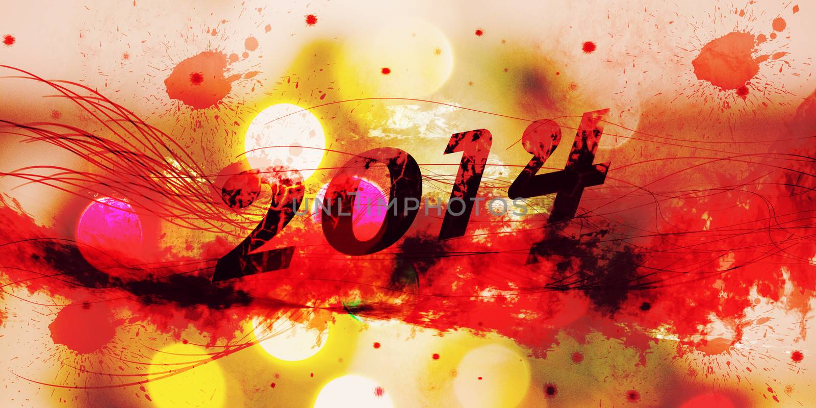 Happy New Year 2014 illustration with grunge text, lines, splashes and lights