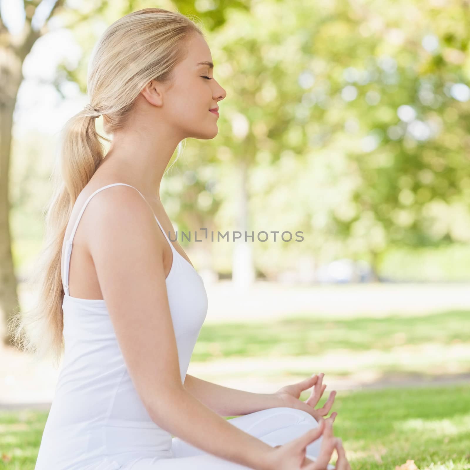 Side view of ponytailed calm woman meditating sitting in a park by Wavebreakmedia