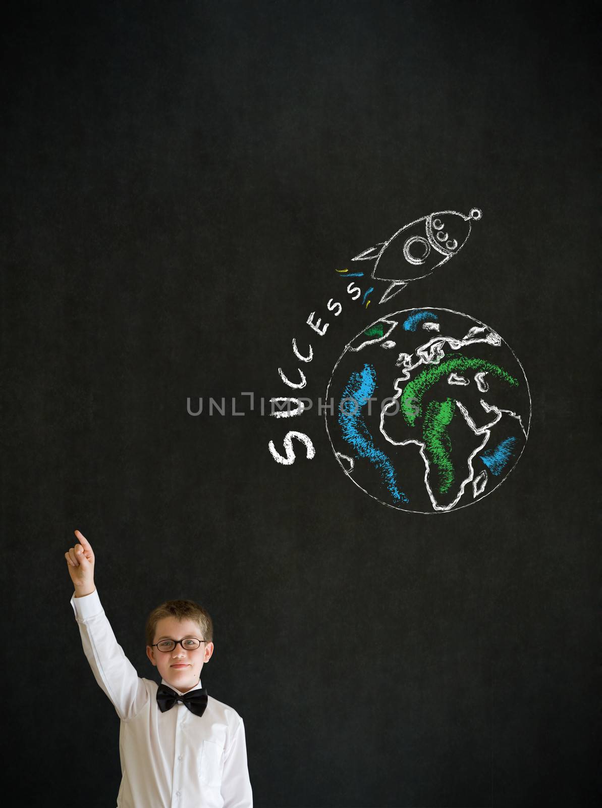 Hand up answer boy dressed up as business man with chalk globe and jet world travel on blackboard background