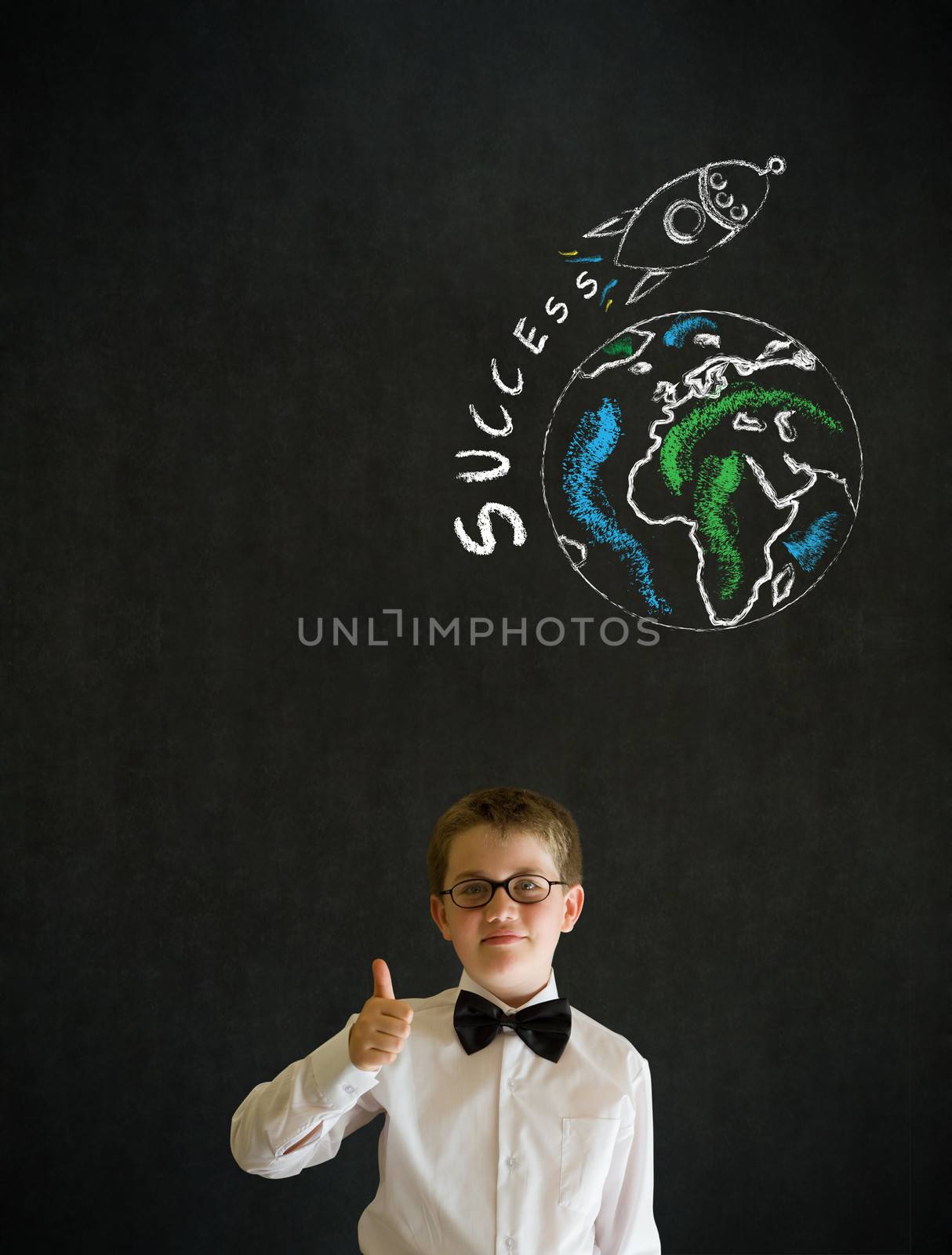 Thumbs up boy business man with chalk globe and jet world travel by alistaircotton
