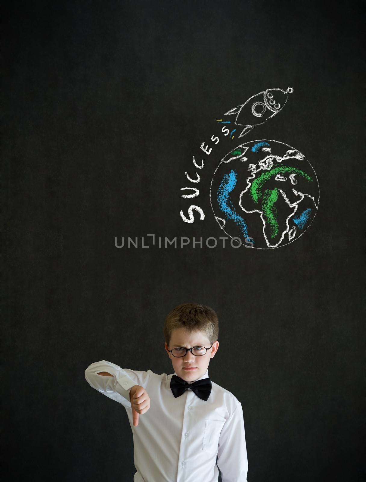 Thumbs down boy dressed up as business man with chalk globe and jet world travel on blackboard background