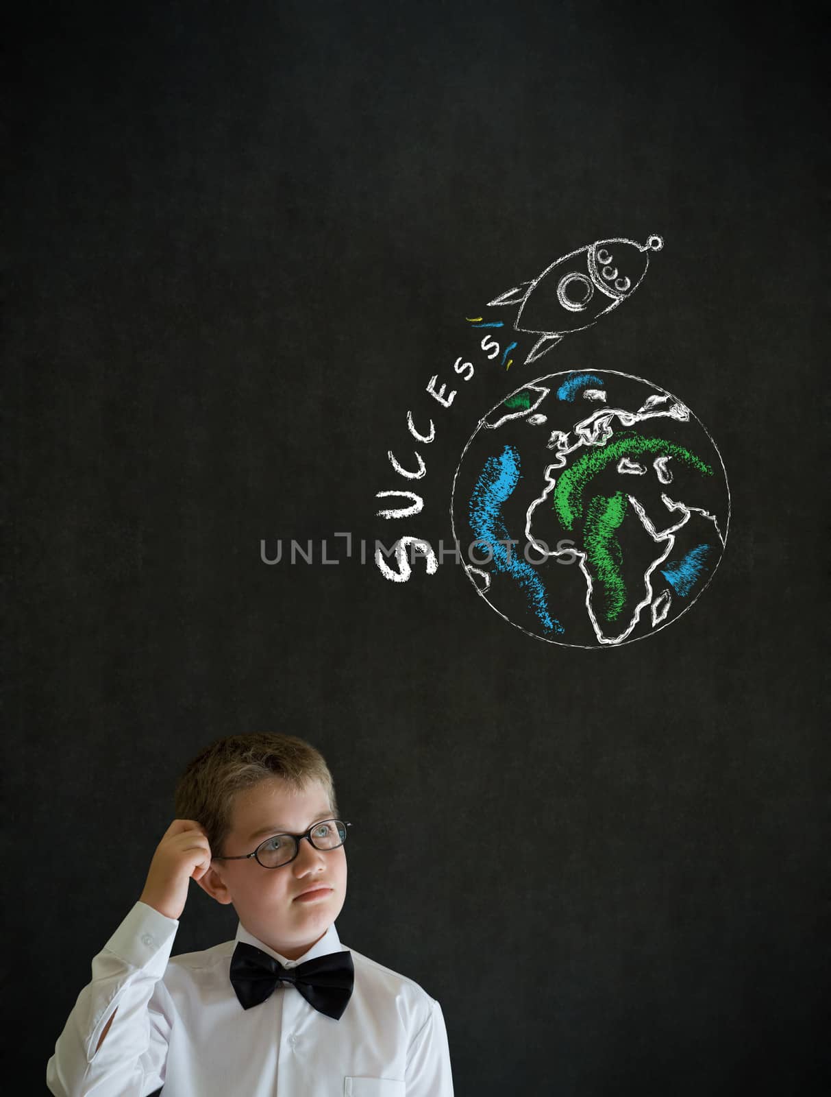 Scratching head thinking boy business man with chalk globe and jet world travel by alistaircotton