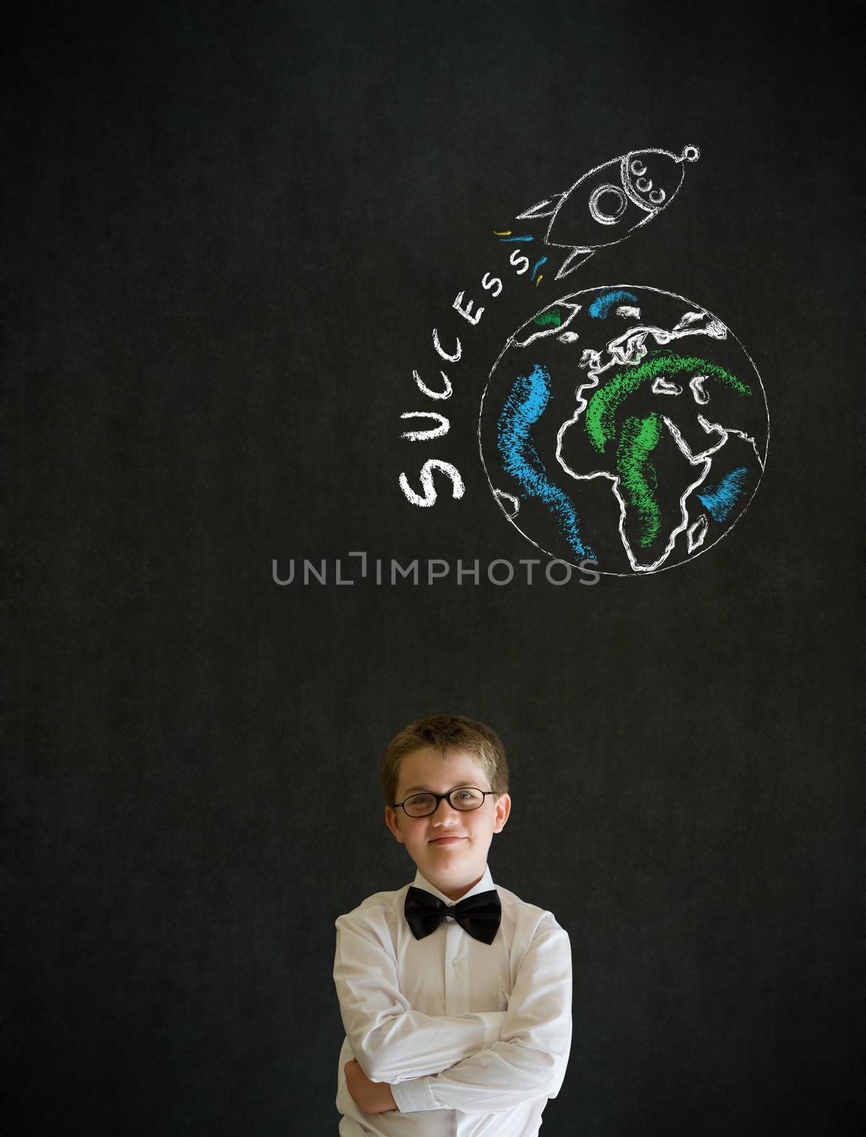 Thinking boy dressed up as business man with chalk globe and jet world travel on blackboard background