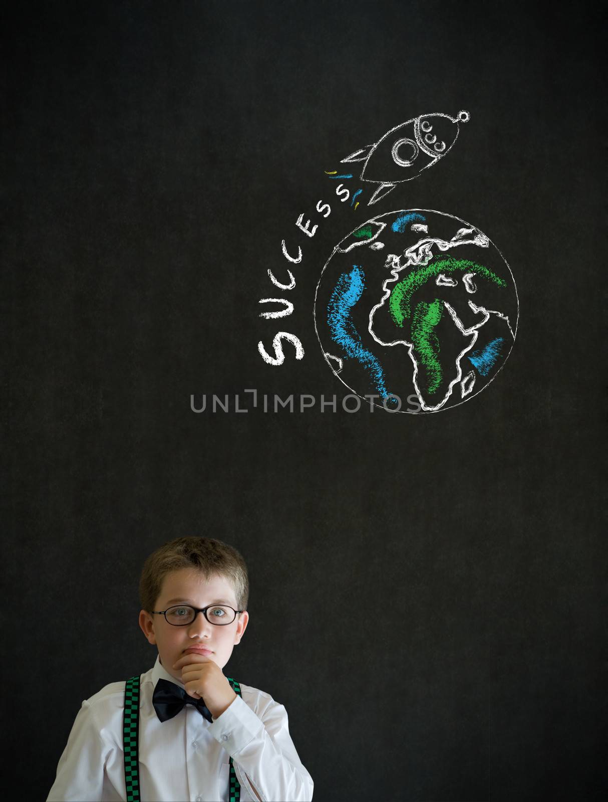 Thinking boy business man with chalk globe and jet world travel by alistaircotton