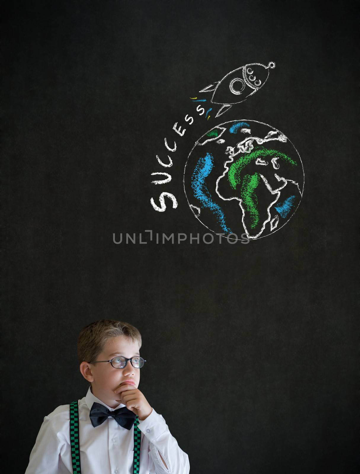 Thinking boy business man with chalk globe and jet world travel by alistaircotton
