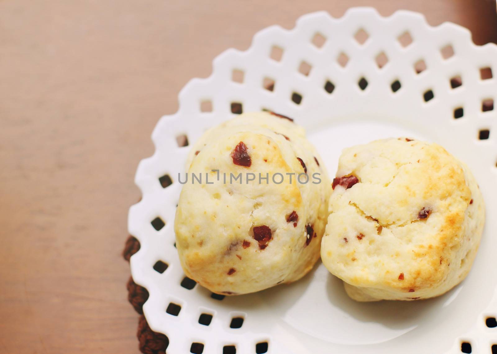 Top view of freshly baked scones with retro filter effect