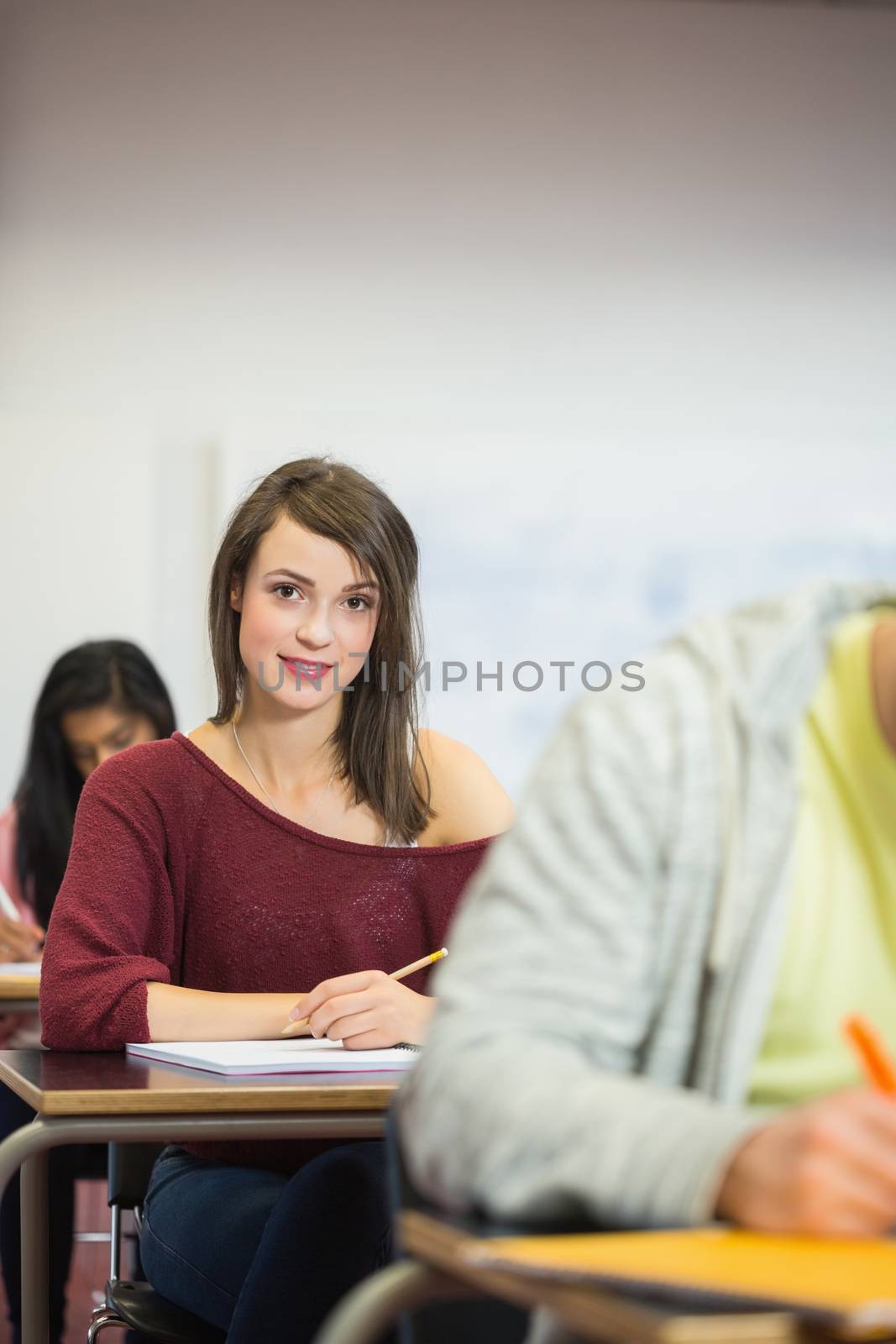 Female student with others writing notes in classroom by Wavebreakmedia