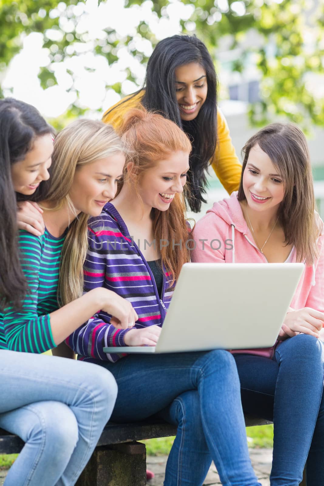 Young college girls using laptop in park by Wavebreakmedia