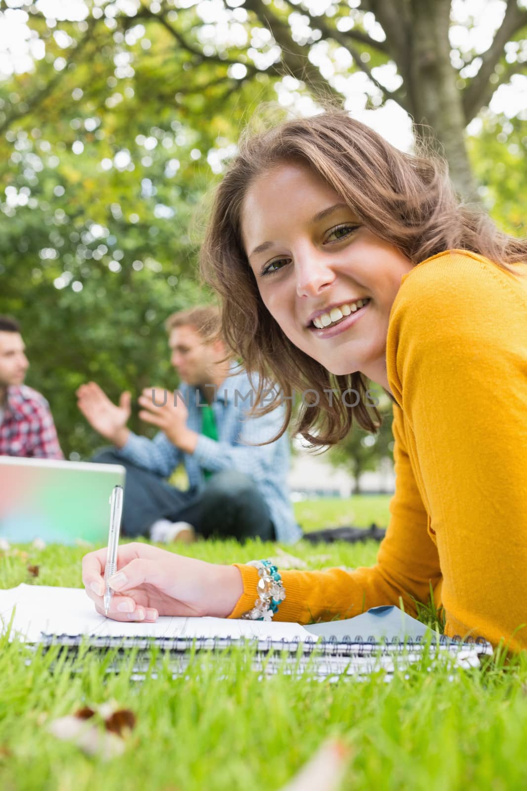 Female writing notes with students using laptop in park by Wavebreakmedia