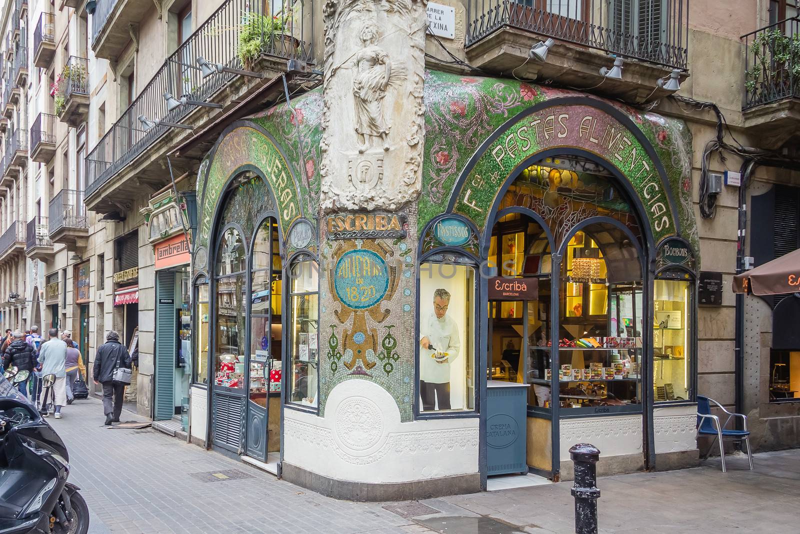 BARCELONA, SPAIN - MAY 31 Modernist facade of traditional pastry shop in a famous corner of Ramblas street, in Barcelona, Spain, on May 31, 2013