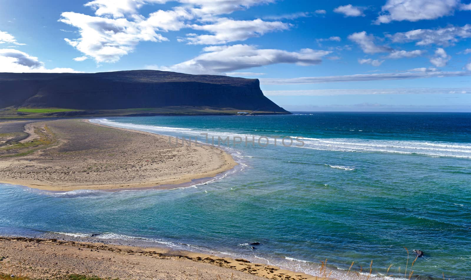 Iceland summer landscape. Fjord and mountains. Panorama.