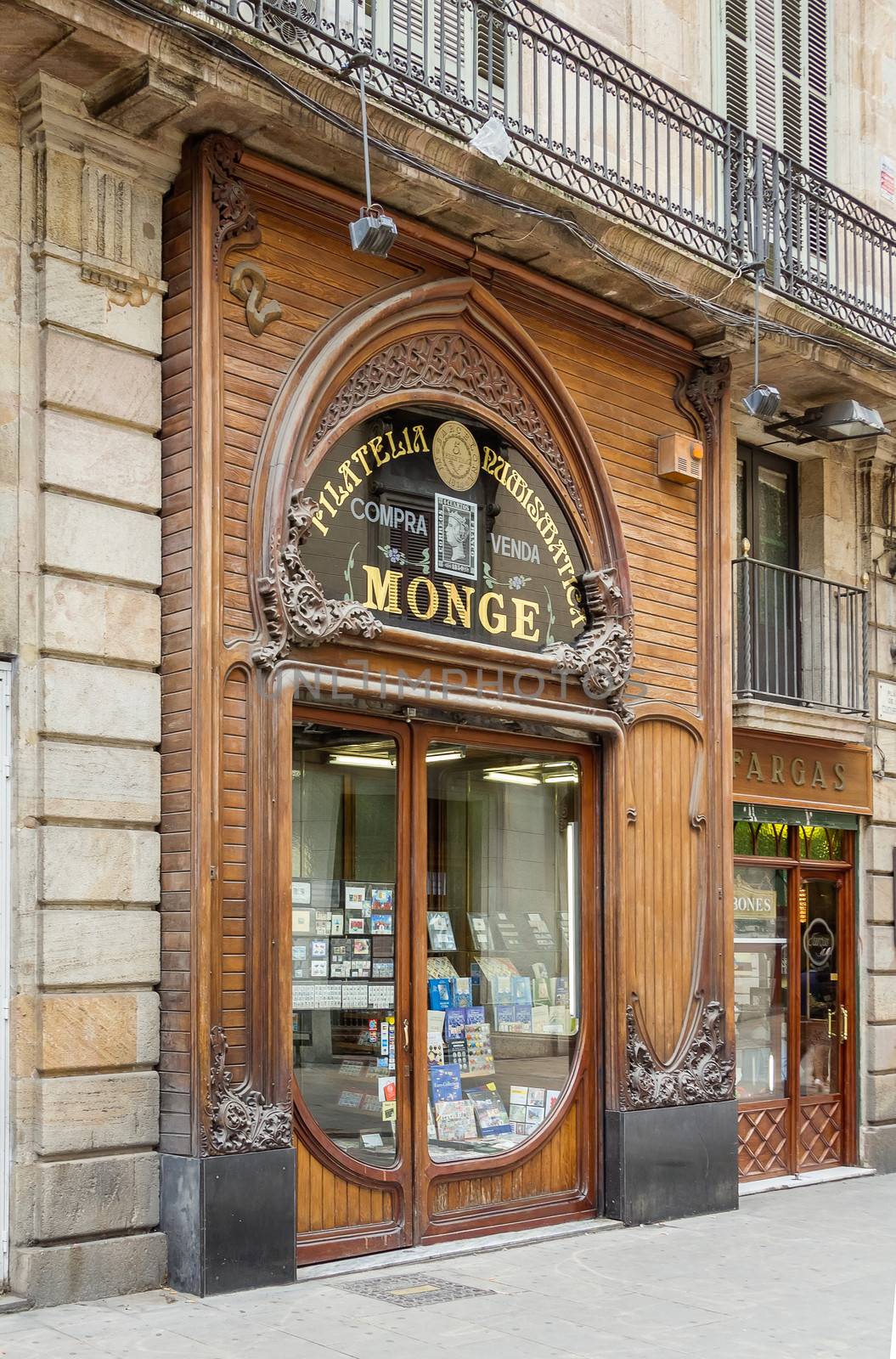 BARCELONA, SPAIN - MAY 31 Famous modernist facade of traditional philately shop, in Barcelona, Spain, on May 31, 2013