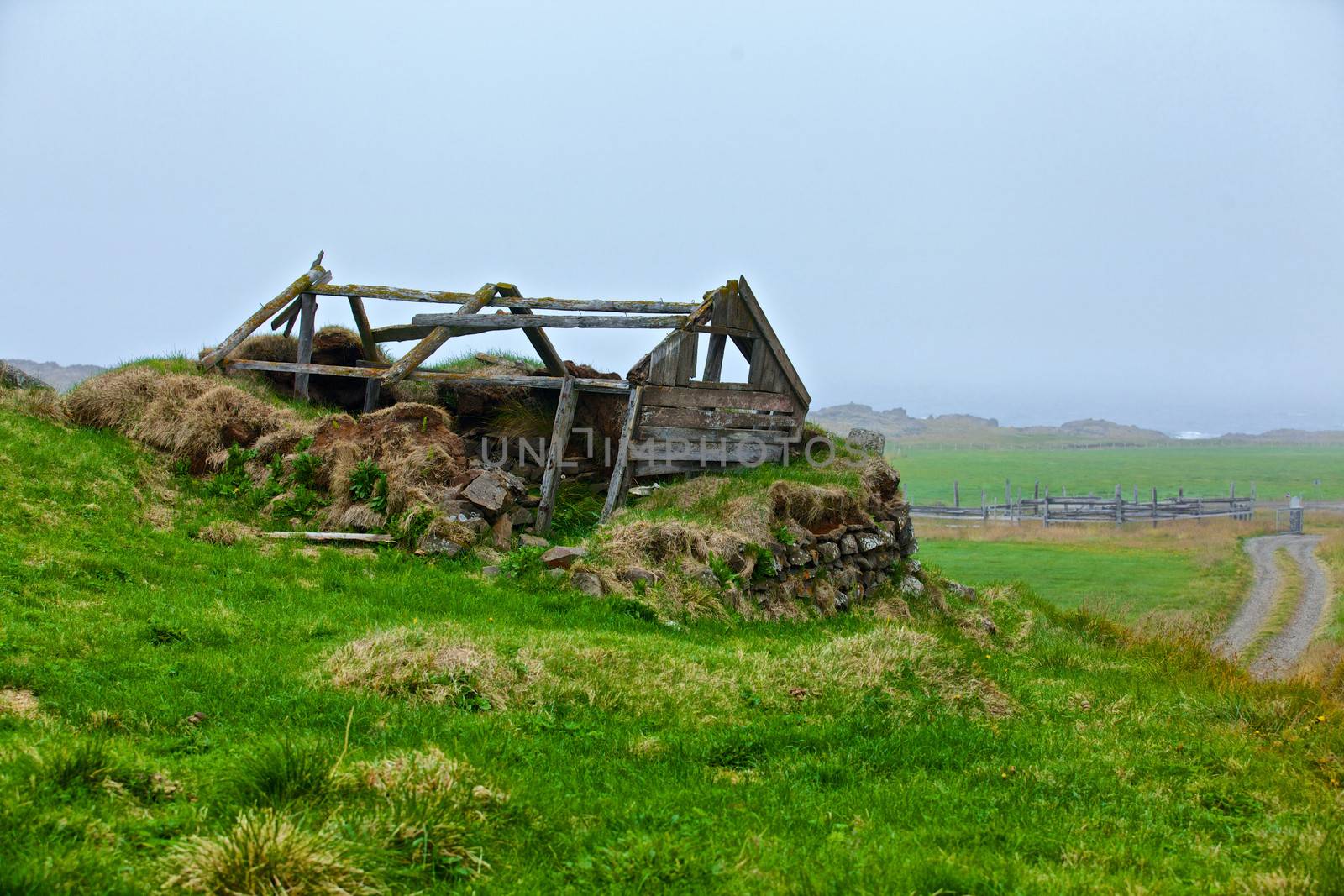 Traditional house with the grass covered roof, West fjords, Iceland