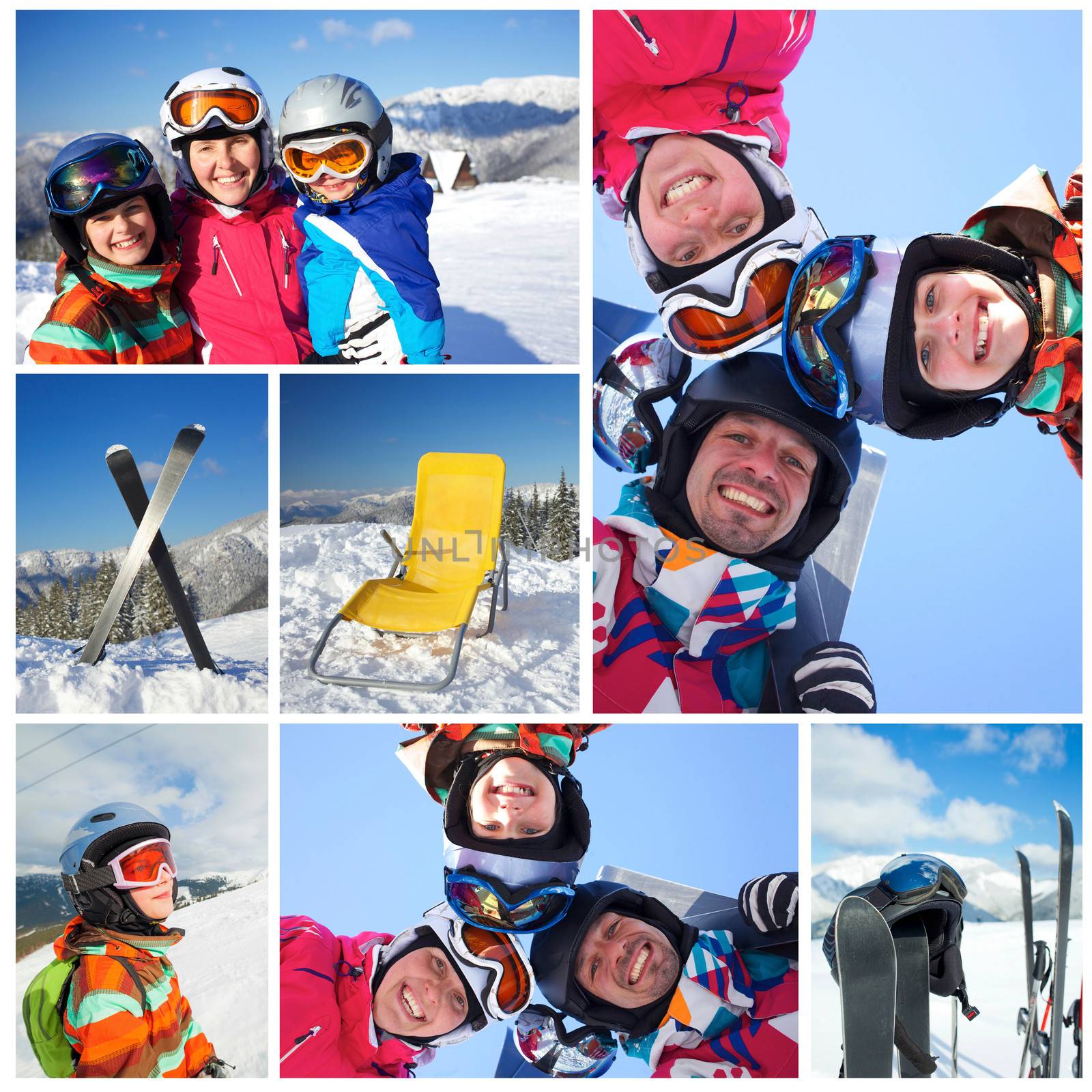 Collage of family in ski goggles and a helmet with his mother in the mountains