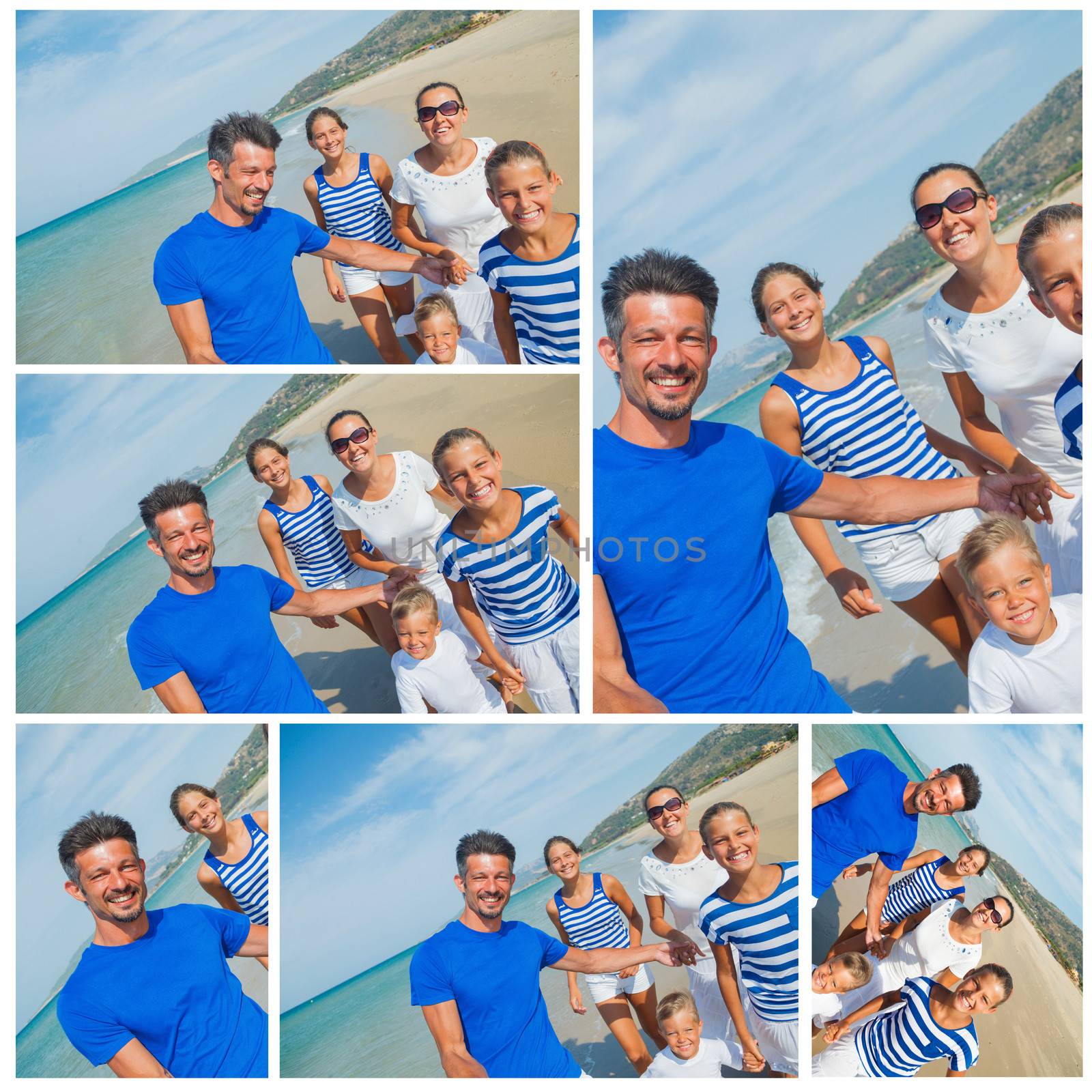 Collage of happy family running on the beach