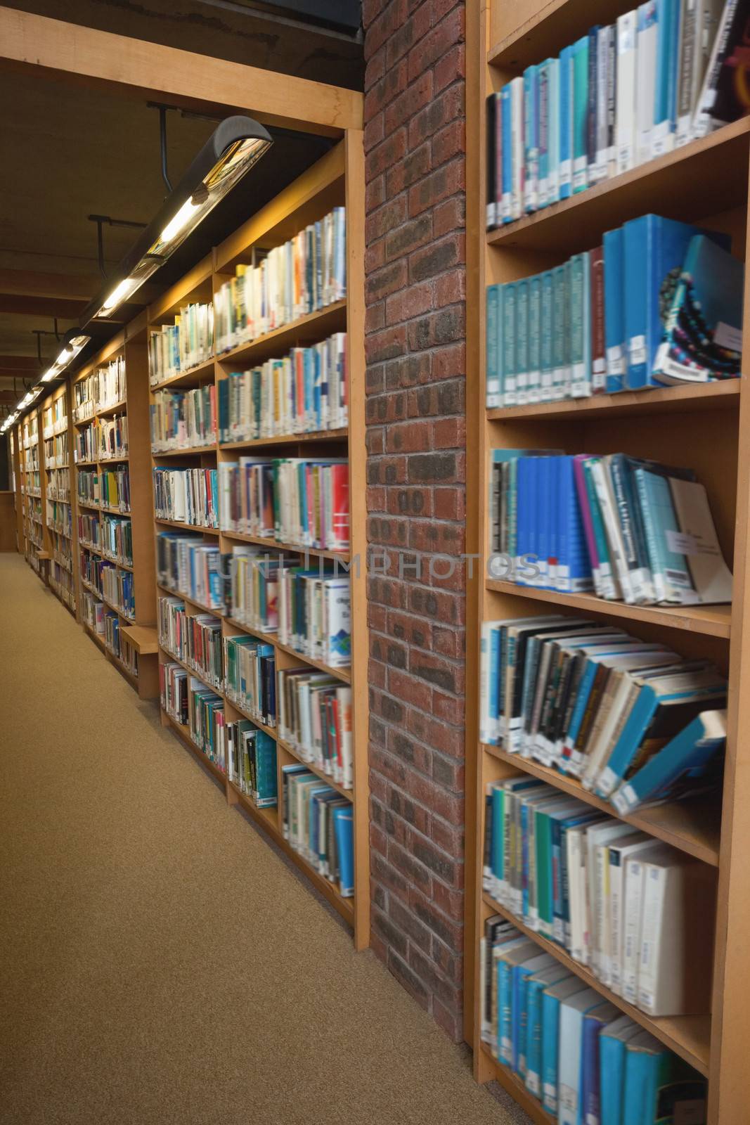 Row of bookshelves filled with books in a library