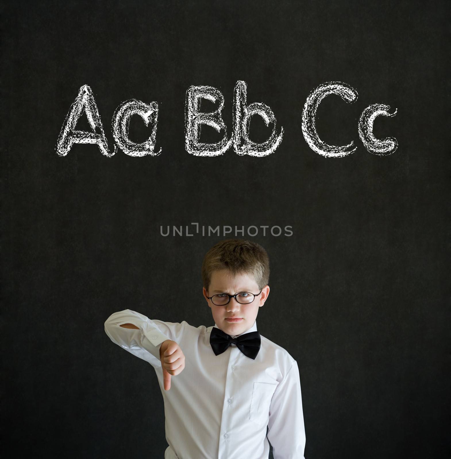 Thumbs down boy business man with learn English language alphabet by alistaircotton