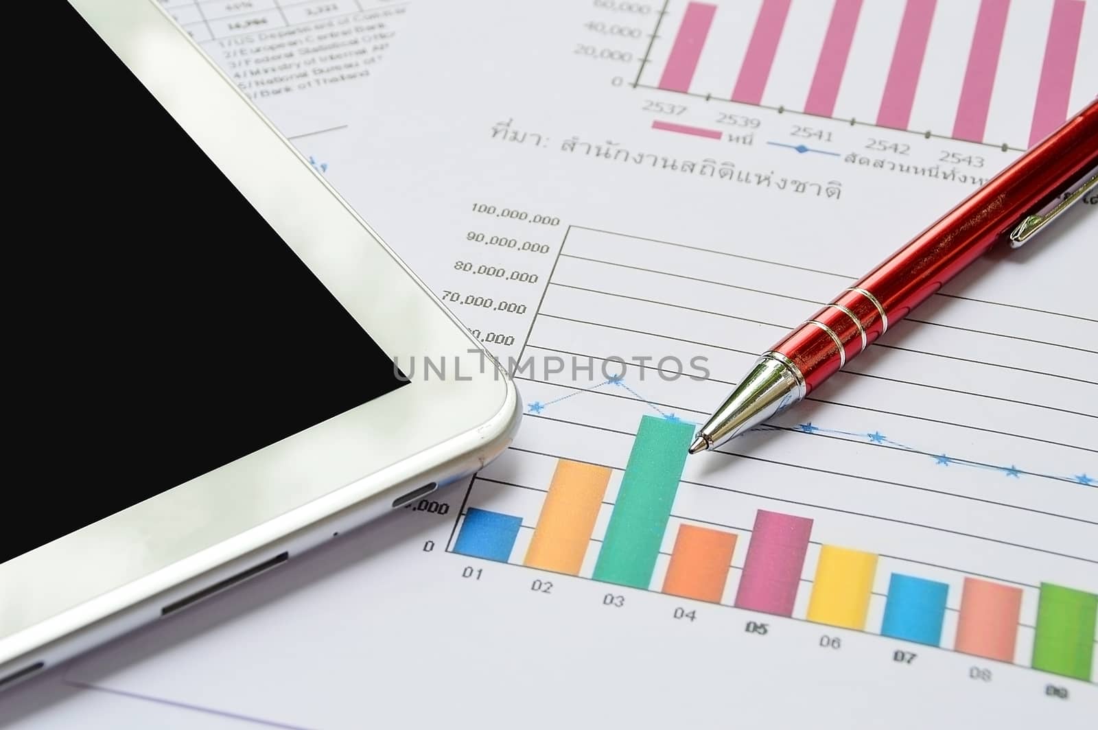 Tablet-pc, papers and red pen on business table