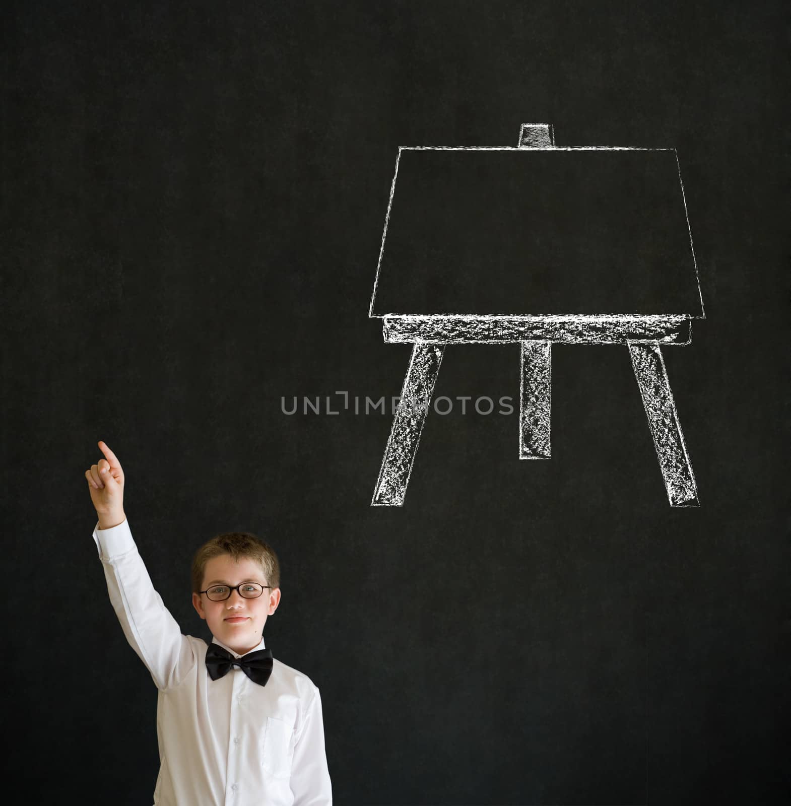 Hand up answer boy business man with learn art chalk easel by alistaircotton