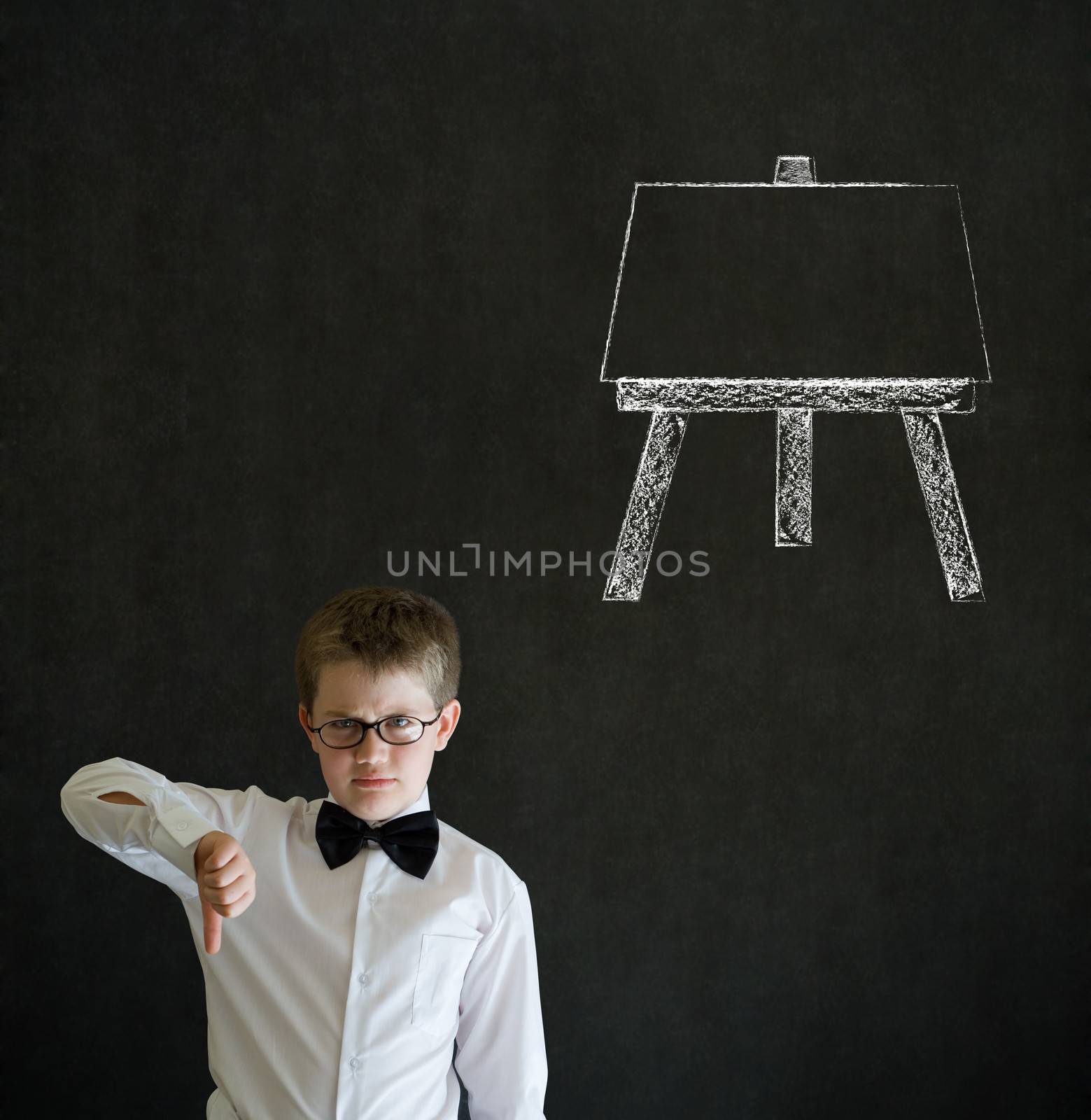 Thumbs down boy business man with learn art chalk easel by alistaircotton