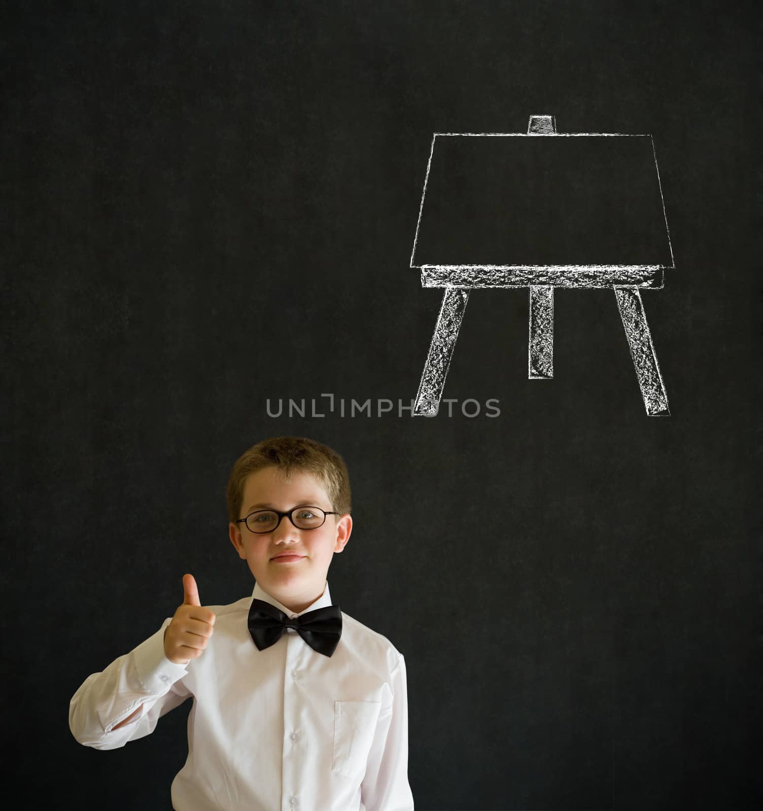 Thumbs up boy dressed up as business man with learn art chalk easel on blackboard background