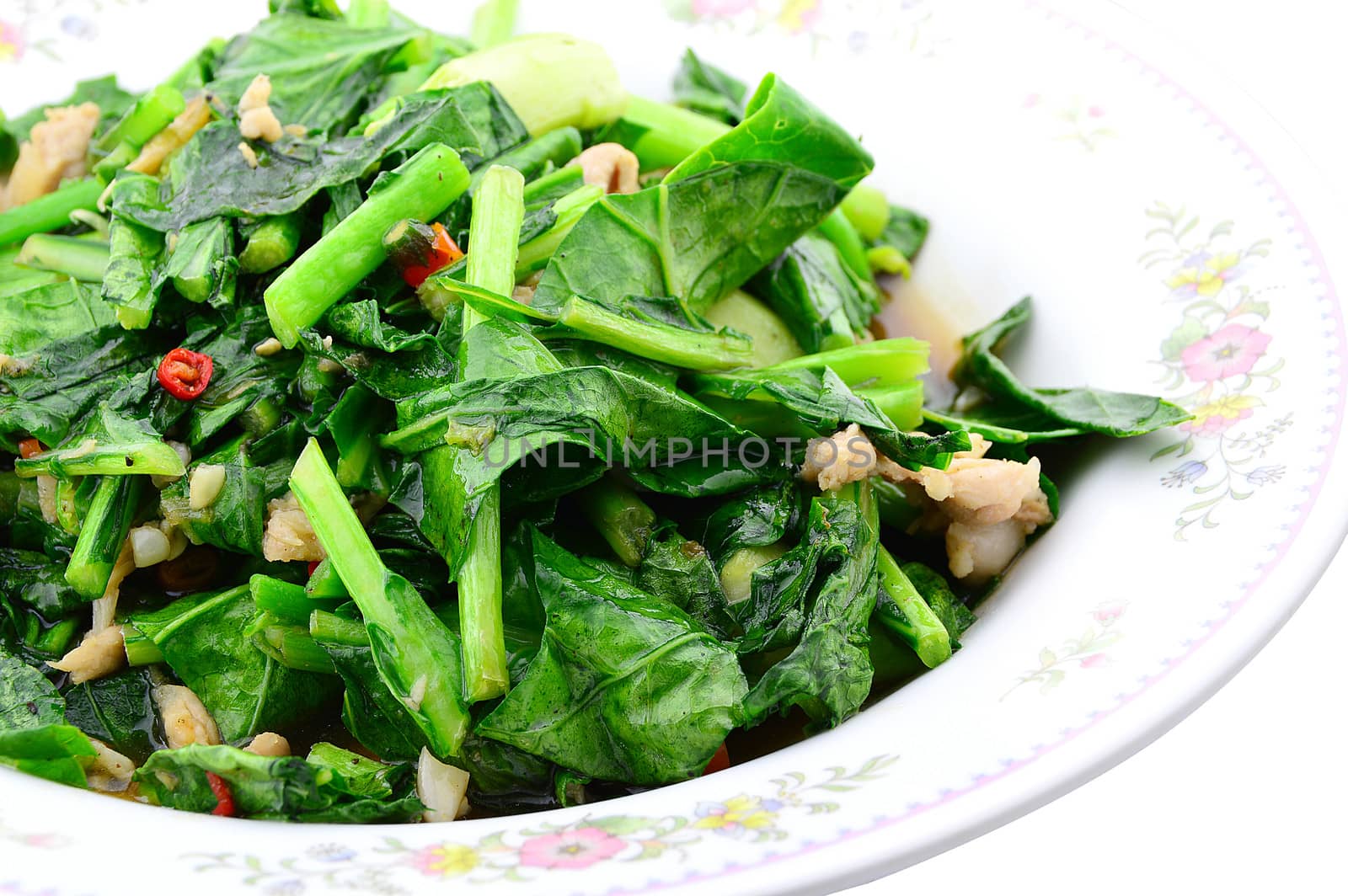Stir fried of Chianease kale vegetables with pork by Lekchangply