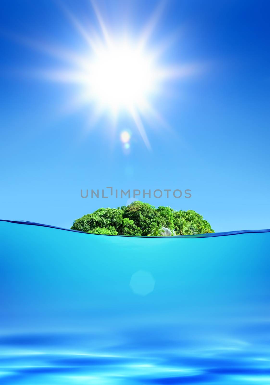 deserted green tropical island under shiny sun in ocean