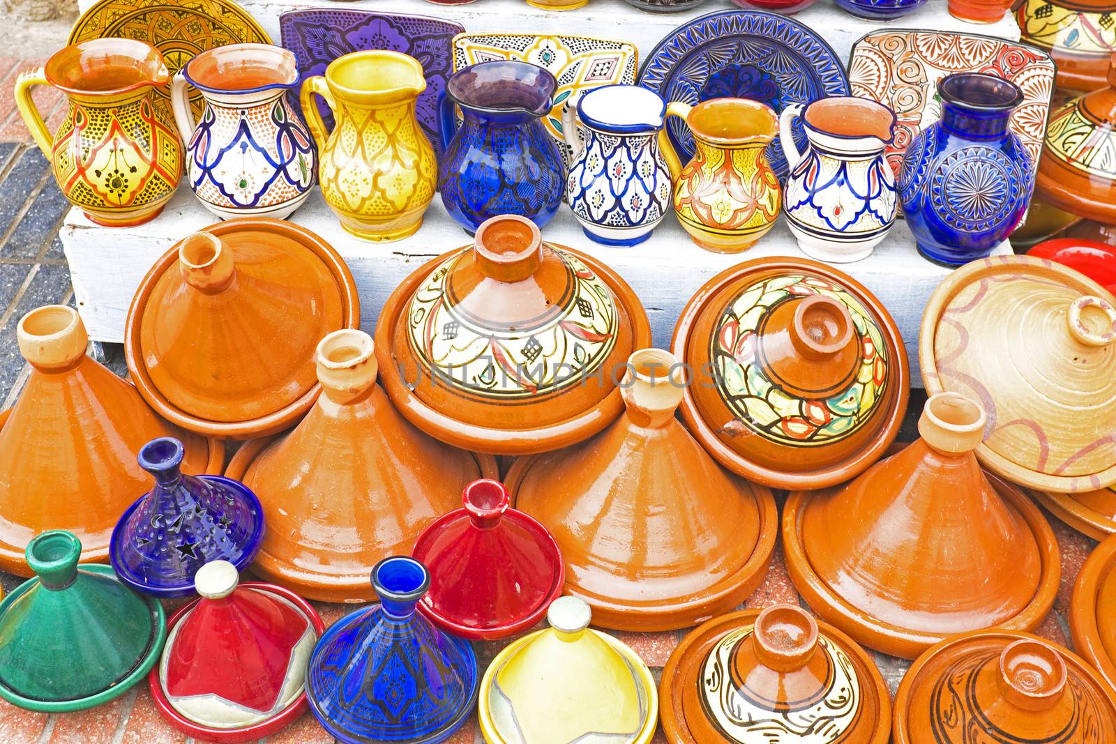 Colorful Tajines for sale in a market stall