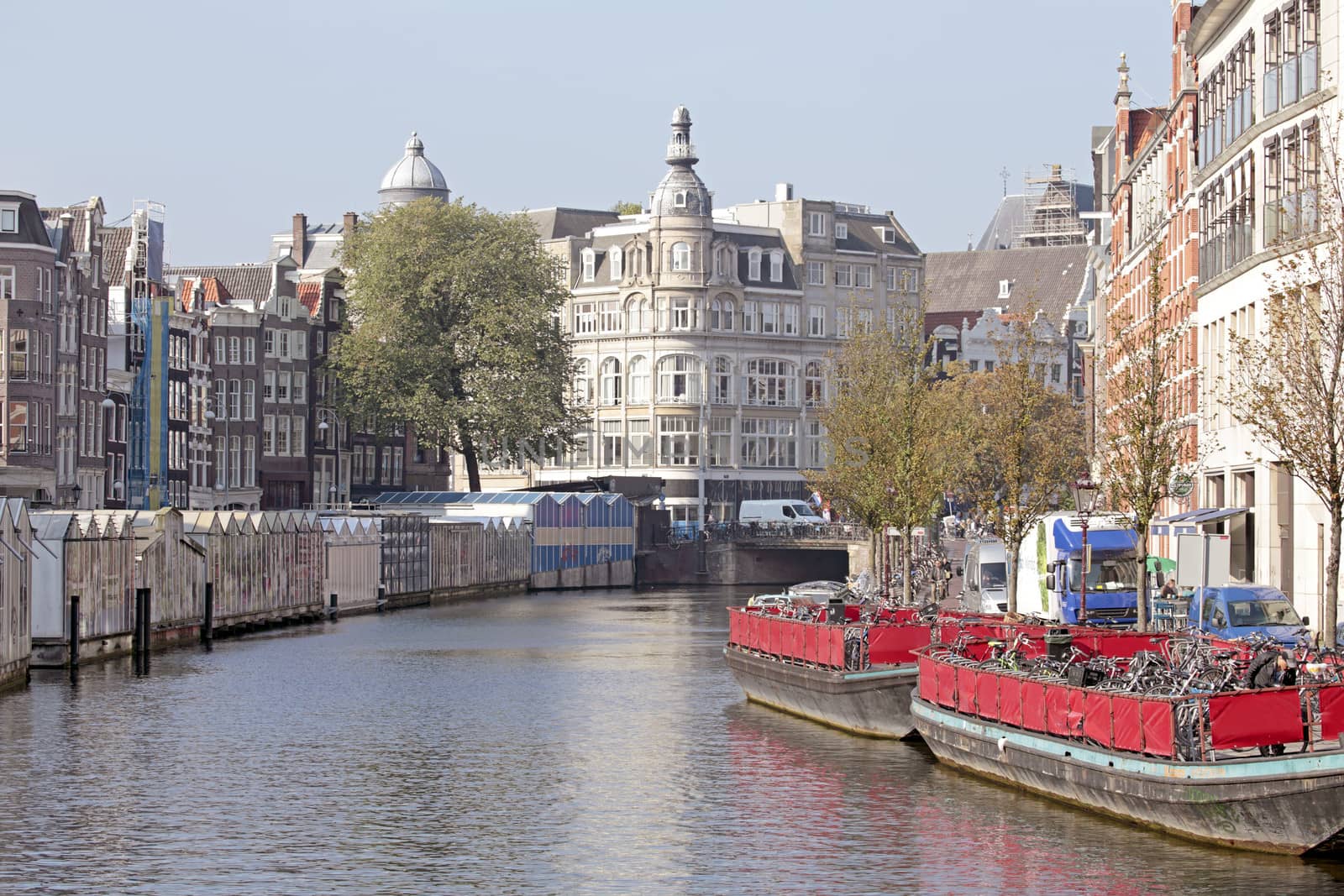 City scenic with te flower market in Amsterdam the Netherlands