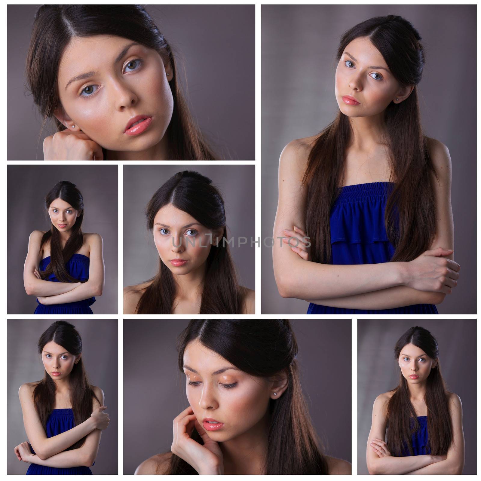 Collage of glamour portrait of beautiful woman model with fresh daily makeup and romantic hairstyle.
