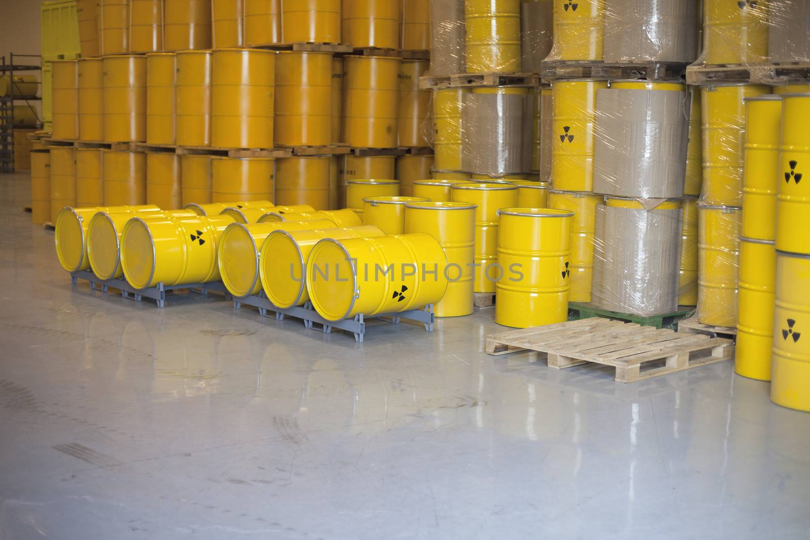 Yellow barrels with radioactive waste disposal