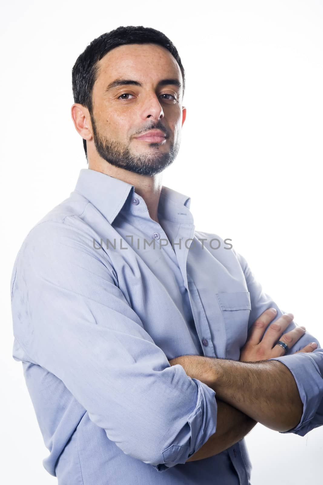 Young Man Arms Folded Isolated White Background by ocusfocus