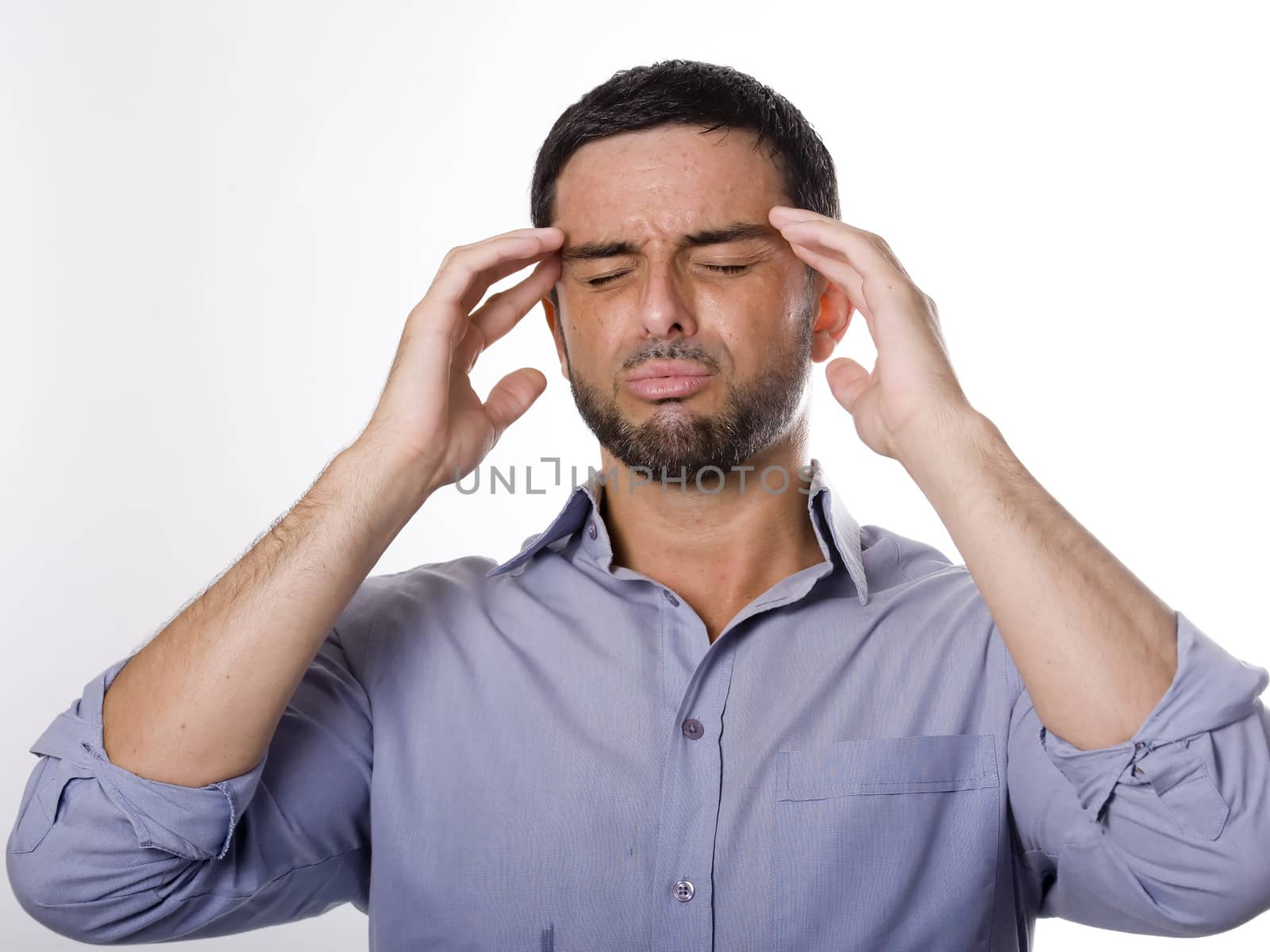 Young Man with Beard suffering Headache Isolated on White Background