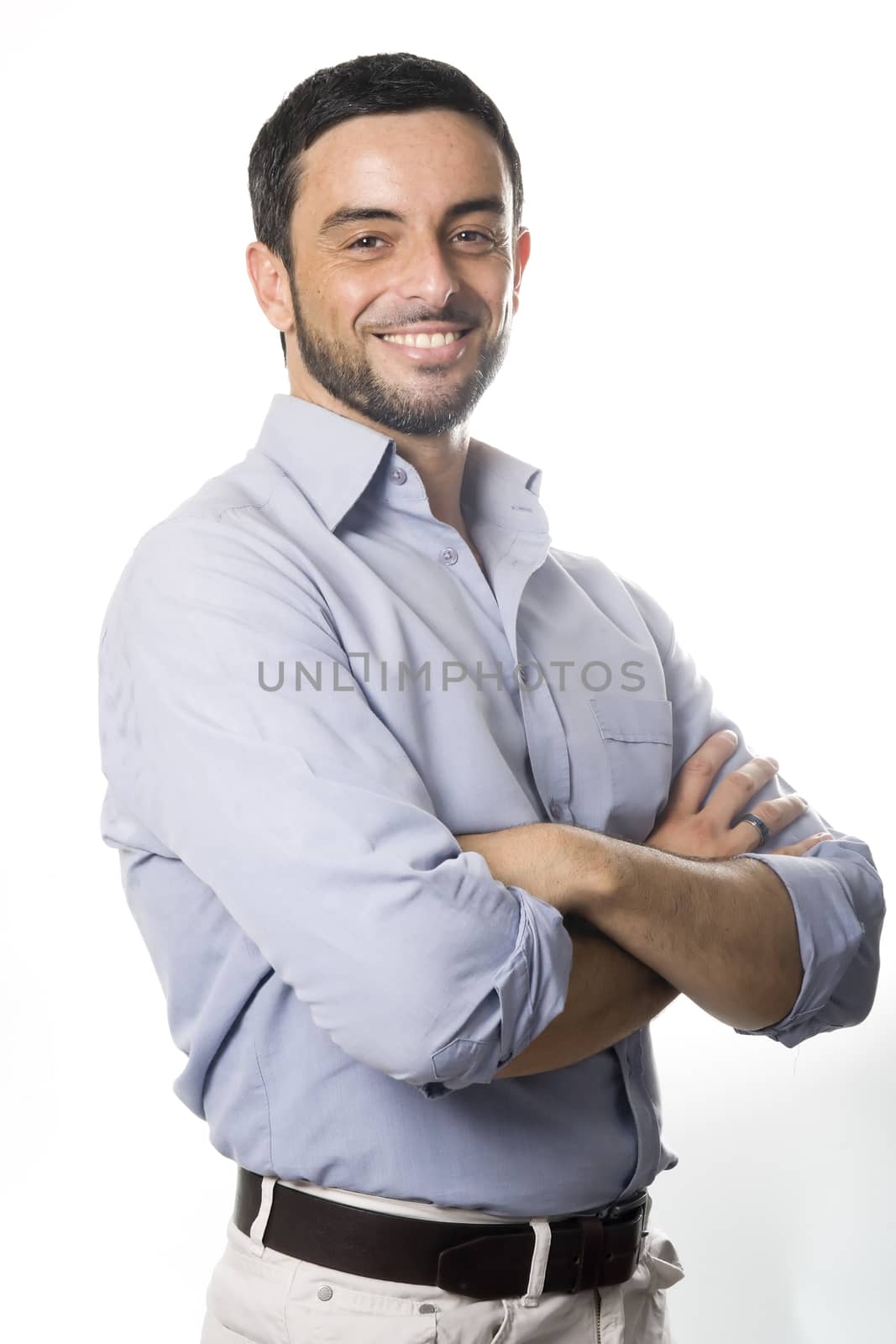 Young Man Arms Folded Isolated White Background by ocusfocus