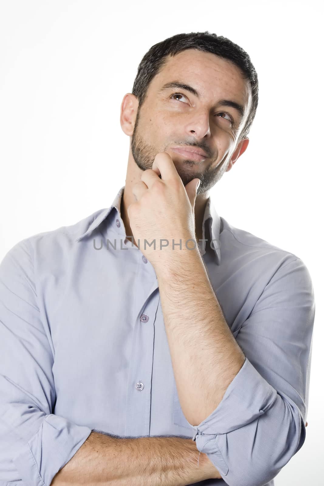 Caucasian Young Man with Beard Thinking Doubting and Considering a Decision Isolated in White Background