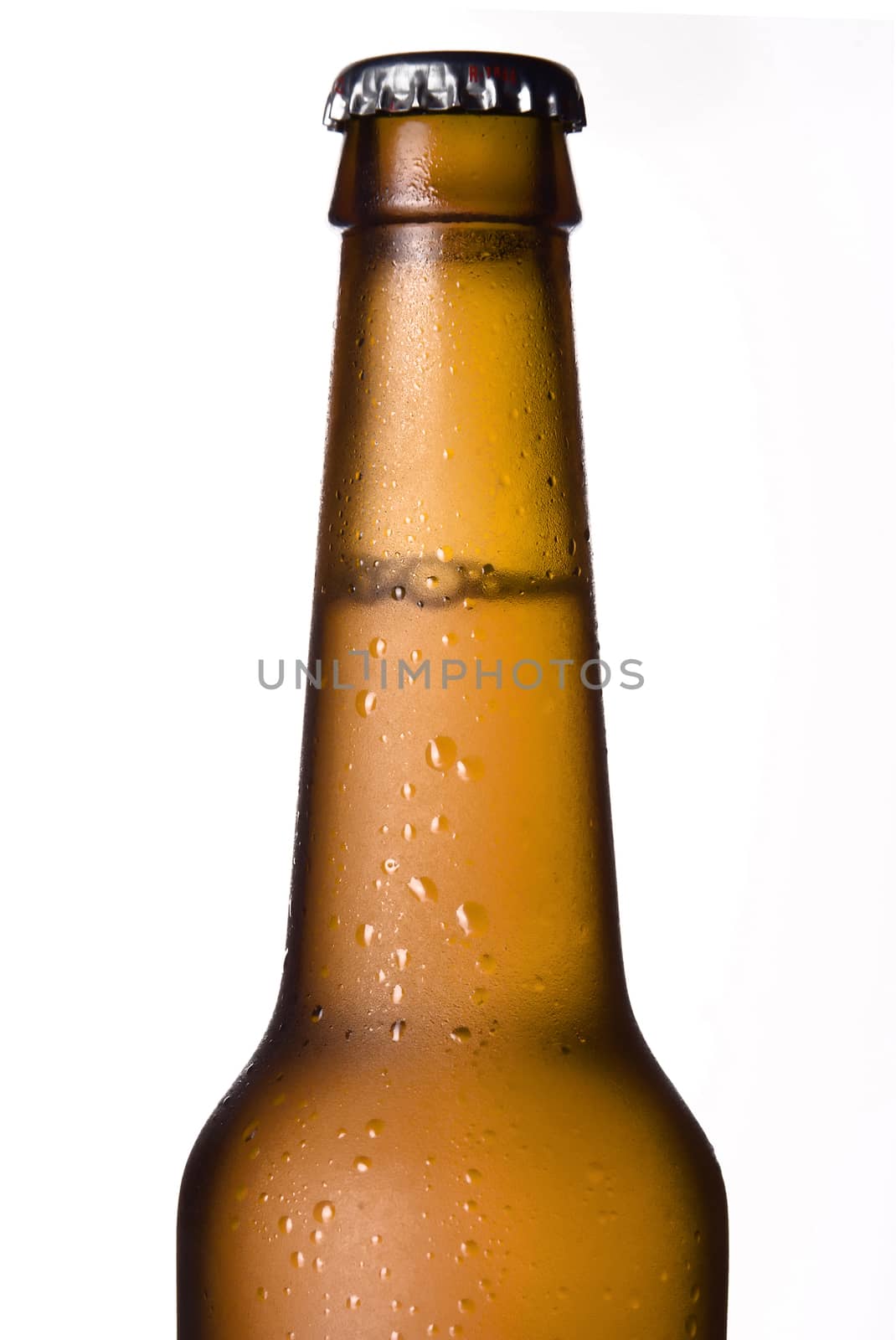 Close up of Cold frosted beer bottle on white background.