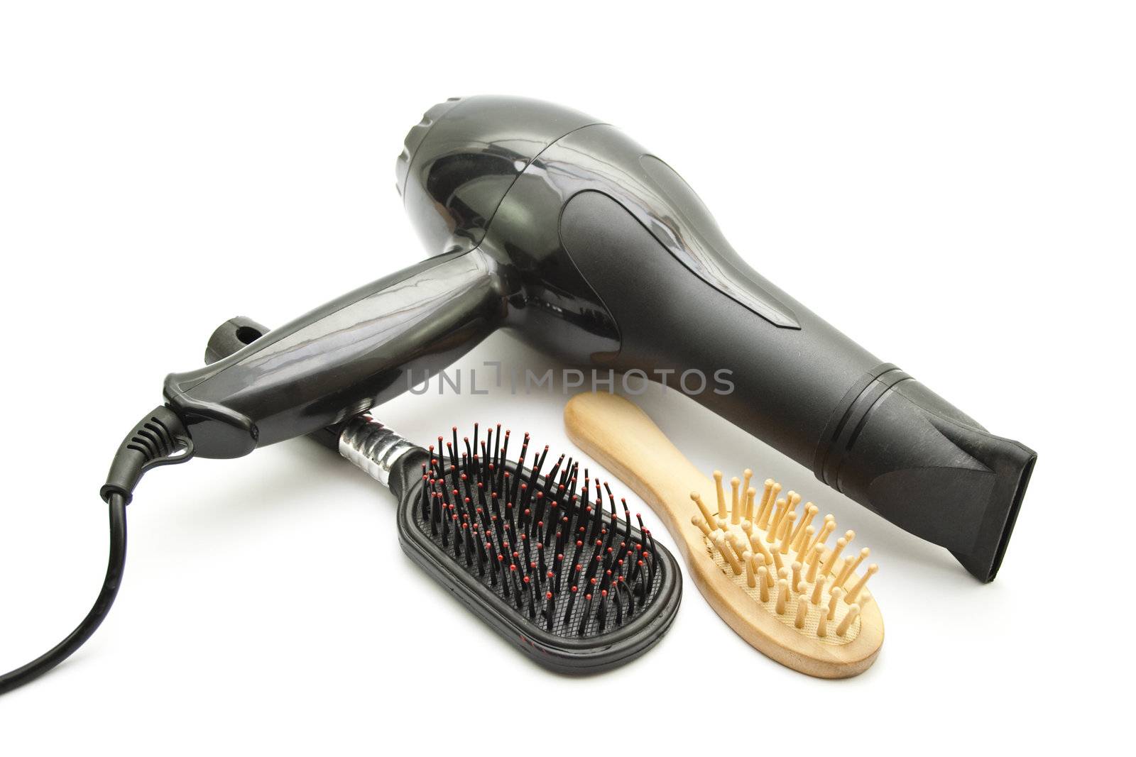 Black Hairdryer with Wooden Comb and Plastic Comb